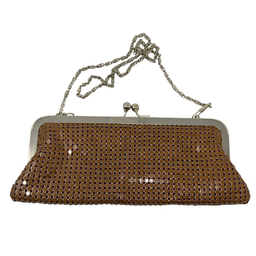 Vintage 80s Brown Bronze Metal Mesh‎ Clutch Evening Bag Purse Silver Chain Strap